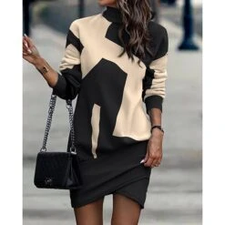 Women's Sweatshirt Dress Winter Dress Shift Dress Midi Dress Black And White Black Gray Black And White Stripes 3/4 Length Sleeve Print Print Fall Winter Autumn Turtleneck Fashion 2023 S M L XL 2XL -Tesla Style ohanof1692265336681