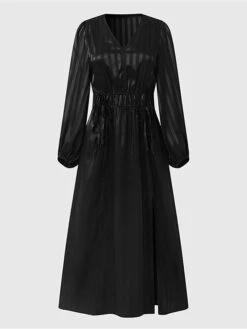 Women's Work Dress Satin Dress Black Dress Fashion Midi Dress Split V Neck Long Sleeve Plain Loose Fit Black Fall Winter S M L XL XXL -Tesla Style ohrstk1693299583100