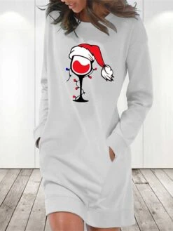 Women‘s Christmas Hoodie Dress Winter Dress Light Blue Grey White Long Sleeve Hat Pocket Print Winter Fall Crew Neck Stylish Casual Fall Dress Loose Fit 2022 S M L XL 2XL / Cotton -Tesla Style ohwysl1666175052739