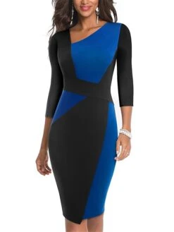 Women's Work Dress Sheath Dress Semi Formal Dress Fashion Midi Dress Patchwork V Neck 3/4 Length Sleeve Color Block Regular Fit Black Red Navy Blue Fall Winter S M L XL XXL -Tesla Style ohzmzd1692610636035