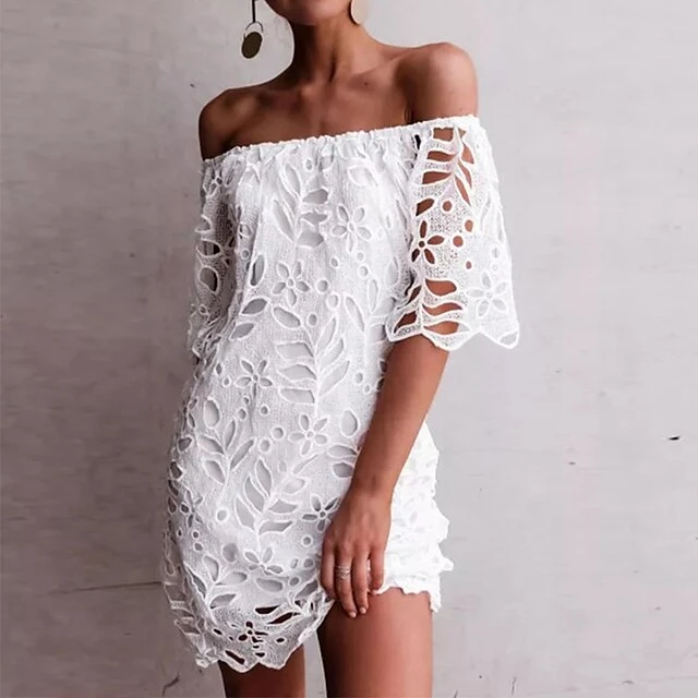 Women‘s Party Dress Wedding Guest Dress Shift Dress White Dress Mini Dress White Half Sleeve Pure Color Lace Fall Spring Autumn Off Shoulder Elegant 2023 S M L XL XXL 4 Women‘s Party Dress Wedding Guest Dress Shift Dress White Dress Mini Dress White Half Sleeve Pure Color Lace Fall Spring Autumn Off Shoulder Elegant 2023 S M L XL XXL - Image 2