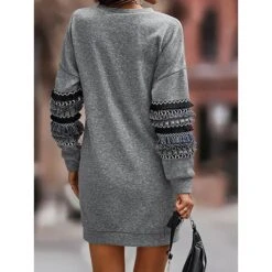 Women's Casual Dress Sweatshirt Dress Winter Dress Mini Dress Ruched Patchwork Street Daily Holiday Fashion Streetwear Crew Neck Long Sleeve 2023 Loose Fit Grey Color S M L XL Size -Tesla Style oiraeb1692162753581