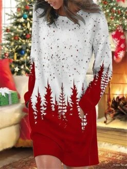 Women's Christmas Casual Dress Sweatshirt Dress Mini Dress Warm Fashion OutdoorHoliday Crew Neck Pocket PrintTree Loose Fit Burgundy Green S M L XL XXL