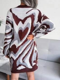 Women's Sweater Dress Jumper Dress Casual Dress Mini Dress Fashion Color Block Heart Outdoor Daily Vacation Going Out Crew Neck Long Sleeve 2023 Loose Fit Black Brown Khaki S M L -Tesla Style oiuqet1694756612363