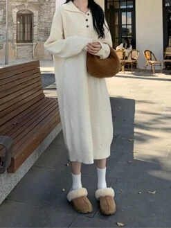Women's Sweater Dress Jumper Dress Casual Dress Midi Dress Fashion Pure Color Outdoor Daily Vacation Going Out Lapel Long Sleeve Patchwork Button 2023 Regular Fit White Camel One Size -Tesla Style oivcmk1695280922204