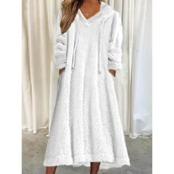 Women‘s Fleece Sweatshirt Dress Winter DressWhite Dress Midi Dress White 3/4 Length Sleeve Pure Color Pocket Winter Fall Hooded Casual Modern 2022 S M L XL 2XL 3XL -Tesla Style oixpvq1666065898488