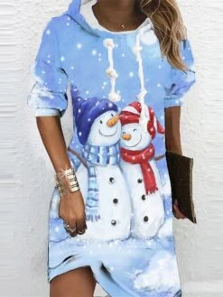Women's Christmas Hoodie Dress Shift Dress Mini Dress Blue Wine White Long Sleeve Cat Snowman Snowflake Print Winter Fall Hooded Vacation Casual 2022 S M L XL XXL 3XL -Tesla Style okavzv1667212158861