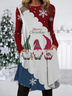 Women's Christmas Work Dress Casual Dress Fashion Winter DressDaily Midi Dress Pocket Print Crew Neck Long Sleeve Santa Claus Snowflake Regular Fit Black Wine Navy Blue Fall Winter S M L XL XXL
