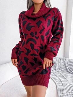 Women's Sweater Dress Jumper Dress Casual Dress Mini Dress Fashion Leopard Outdoor Daily Going Out Turtleneck Long Sleeve 2023 Loose Fit Black Wine Khaki S M L -Tesla Style okqail1694756288246