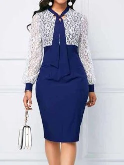 Women's Party Dress Lace Dress Bodycon Midi Dress Red Blue Green Long Sleeve Color Block Lace Spring Fall Winter Crew Neck Fashion Winter Dress Birthday Wedding Guest 2023 S M L XL XXL 3XL 4XL 5XL -Tesla Style okrhit1692689049699