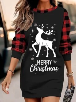 Women's Christmas Casual Dress Sweatshirt Dress Mini Dress Warm Fashion Outdoor Vacation Crew Neck Print Snowman Hat Loose Fit Black White Wine S M L XL XXL -Tesla Style oktgae1695371441876