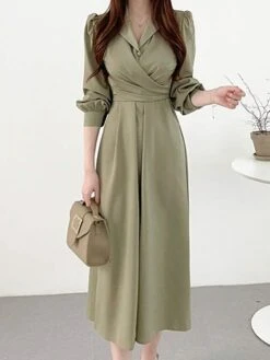 Women's Work Dress Semi Formal Dress A Line Dress Fashion Office Daily Workfashion Midi Dress Ruched Button Shirt Collar Long Sleeve Plain Loose Fit Black Army Green Gray Fall Winter S M L XL -Tesla Style okuhsj1695805363600
