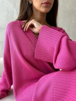 Women's Sweater Dress Jumper Dress Casual Dress Midi Dress Warm Pure Color Outdoor Casual Daily Going Out V Neck Long Sleeve 2023 Loose Fit Black Rose Red S M L -Tesla Style olfuzb1694586610348