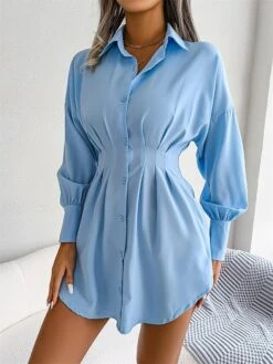 Women's Work Dress White Dress Semi Formal Dress Fashion Office Daily Workfashion Mini Dress Ruched Button Shirt Collar Long Sleeve Plain Loose Fit White Blue Army Green Fall Winter S M L XL -Tesla Style olvbnu1695026958011
