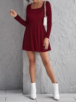 Women's Party Dress Velvet Dress Wedding Guest Dress Mini Dress Wine Long Sleeve Pure Color Ruched Spring Fall Winter Square Neck Fashion Winter Dress Evening Party Wedding Guest 2023 S M L XL -Tesla Style olwoij1692588652969