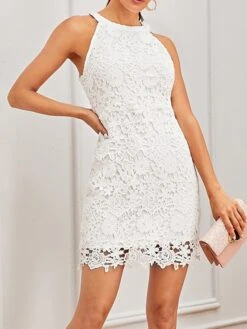 Women's Party Dress Lace Dress Homecoming Dress Mini Dress White Sleeveless Pure Color Lace Summer Spring Halter Neck Stylish Spring Dress Loose Fit 2023 XS S M L -Tesla Style omkopb1645601055108
