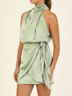 Women's Party Dress Homecoming Dress Cocktail Dress Mini Dress Black Champagne Light Green Sleeveless Pure Color Lace Up Spring Fall Winter Halter Neck Fashion Wedding Guest Birthday Vacation Loose -Tesla Style ommzky1693535340732