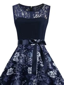 Women's Elegant Retro Vintage Tea Dresses Swing Dress Midi Dress Party Birthday Lace Bow Floral Crew Neck Sleeveless Regular Fit Spring Summer 2023 Dark Blue S M L XL -Tesla Style omslrt1676600511166