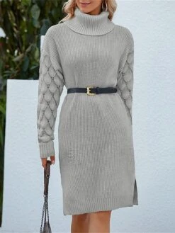 Women's Sweater Dress Winter Dress Jumper Dress Midi Dress Hollow Out Split Daily Date Going Out Active Fashion Turtleneck Long Sleeve 2023 Loose Fit Gray Color S M L XL Size -Tesla Style onccds1692931418202