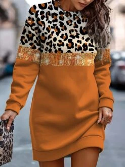 Women's Casual Dress Sweatshirt Dress Mini Dress Warm Fashion Outdoor Holiday Vacation Crew Neck Print Leopard Geometric Print Loose Fit Pink Orange Brown S M L XL XXL -Tesla Style onitja1692935524366