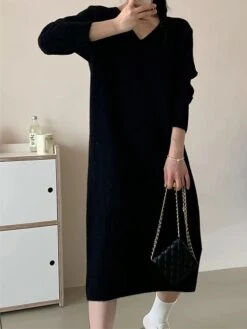 Women's Sweater Dress Jumper Dress Casual Dress Midi Dress Fashion Pure Color Outdoor Daily Vacation Going Out V Neck Long Sleeve Patchwork 2023 Regular Fit Black White Pink One Size -Tesla Style onvqfm1695351277934