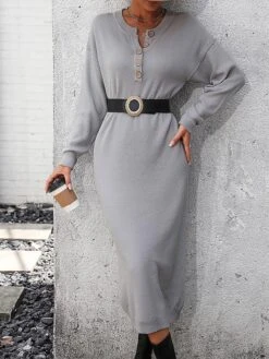 Women's Sweater Dress Winter Dress Jumper Dress Midi Dress Button Street Daily Going Out Fashion Streetwear Crew Neck Long Sleeve 2023 Loose Fit Black White Purple Color S M L XL Size -Tesla Style onwpvb1692259871481