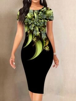 Women's Work Dress Sheath Dress Semi Formal Dress Fashion Midi Dress Print Crew Neck Short Sleeve Floral Slim Yellow Red Blue Summer Spring S M L XL XXL -Tesla Style ooekdy1680088561662