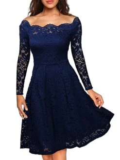 Women‘s Party Dress Homecoming Dress Lace Dress Midi Dress Black Wine Dusty Blue Long Sleeve Pure Color Lace Fall Spring Off Shoulder Elegant Winter Dress Wedding Guest 2023 -Tesla Style oofrrs1603105990265