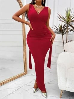 Women's Prom Dress Party Dress Cocktail Dress Long Dress Maxi Dress Red Blue Fuchsia Sleeveless Pure Color Ruched Fall Winter Autumn V Neck Fashion Winter Dress Wedding Guest Evening Party 2023 S M L -Tesla Style oohndj1695374703975
