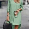 Women's Work Dress Sheath Dress Semi Formal Dress Fashion Midi Dress Button Asymmetrical V Neck Long Sleeve Plain Regular Fit Green Fall Winter S M L XL XXL -Tesla Style oohwuf1692079679680