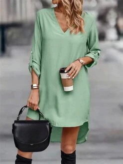 Women's Work Dress Sheath Dress Semi Formal Dress Fashion Midi Dress Button Asymmetrical V Neck Long Sleeve Plain Regular Fit Green Fall Winter S M L XL XXL