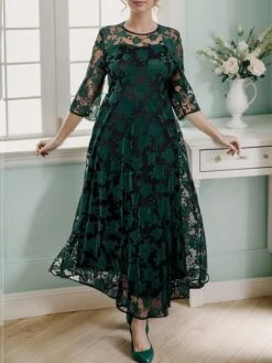 Women's Party Dress Lace Dress Wedding Guest Dress Long Dress Maxi Dress Green 3/4 Length Sleeve Pure Color Lace Spring Fall Winter Crew Neck Fashion Wedding Guest Evening Party Vacation 2023 S M L