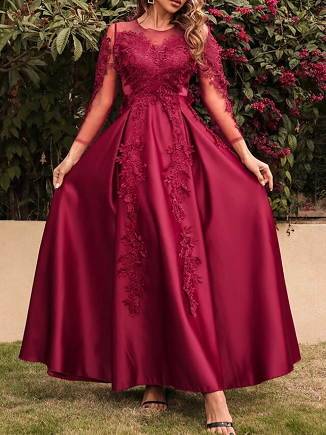 Women's Prom Dress Party Dress Lace Dress Long Dress Maxi Dress Red 3/4 Length Sleeve Pure Color Lace Spring Fall Winter Crew Neck Fashion Party Winter Dress Birthday 2023 S M L XL XXL 3 Women's Prom Dress Party Dress Lace Dress Long Dress Maxi Dress Red 3/4 Length Sleeve Pure Color Lace Spring Fall Winter Crew Neck Fashion Party Winter Dress Birthday 2023 S M L XL XXL