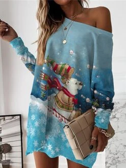 Women‘s Christmas Casual Dress Sweatshirt Dress Mini Dress Warm Fashion Outdoor Holiday Crew Neck Print Animal Snowman Loose Fit White Red Burgundy S M L XL XXL -Tesla Style ooyjxp1694427873450