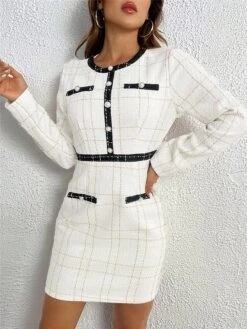 Women's Work Dress Sheath Dress White Dress Fashion Winter Dress Office Mini Dress Patchwork Button Crew Neck Long Sleeve Plain Regular Fit White Fall Winter S M L XL XXL -Tesla Style oozrnr1696766064534