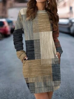 Women's Casual Dress Sweatshirt Dress Mini Dress Warm Fashion Outdoor Vacation Going Out Crew Neck Pocket Print Geometric Loose Fit Yellow Blue Orange S M L XL XXL
