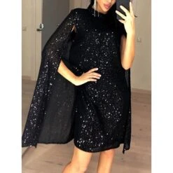 Women's Party Dress Sequin Dress Cocktail Dress Mini Dress Black Long Sleeve Pure Color Sequins Spring Fall Winter Stand Collar Fashion Wedding Guest Vacation Summer Dress 2023 S M L XL XXL 3XL -Tesla Style ophgyt1695633823434