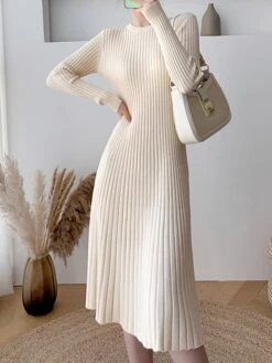 Women's Sweater Dress Jumper Dress Casual Dress Midi Dress Fashion Pure Color Outdoor Daily Going Out Crew Neck Long Sleeve 2023 Slim Black Blue Apricot One Size -Tesla Style opnith1696670413069