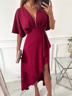 Women's Party Dress Cocktail Dress Satin Dress Midi Dress Pink Wine Half Sleeve Pure Color Ruffle Spring Fall Winter V Neck Fashion Winter Dress Wedding Guest Birthday 2023 S M L XL