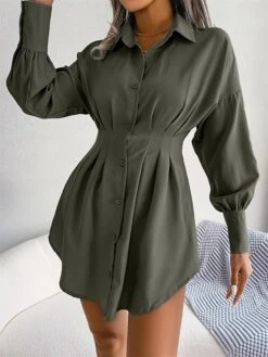 Women's Work Dress White Dress Semi Formal Dress Fashion Office Daily Workfashion Mini Dress Ruched Button Shirt Collar Long Sleeve Plain Loose Fit White Blue Army Green Fall Winter S M L XL -Tesla Style opwpjf1695026962110