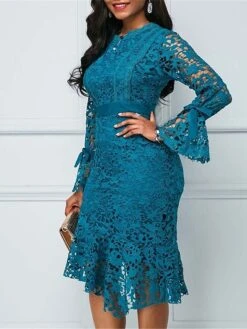 Women's Party Dress Lace Dress Cocktail Dress Midi Dress Light Blue Long Sleeve Pure Color Lace Spring Fall Winter Stand Collar Fashion Winter Dress Wedding Guest Vacation 2023 S M L XL XXL -Tesla Style oqonot1694759637248