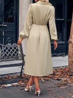 Women's Party Dress Cocktail Dress Satin Dress Midi Dress Champagne Brown Green Long Sleeve Pure Color Ruched Fall Winter Autumn Shirt Collar Fashion Wedding Guest Birthday Vacation 2023 S M L XL -Tesla Style orgdye1696077353503