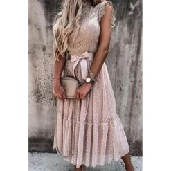 Women's Party Dress Lace Dress Homecoming Dress Midi Dress Black White Pink Sleeveless Pure Color Patchwork Summer Spring Fall Stand Collar Fashion Party Birthday Wedding Guest 2023 S M L XL XXL -Tesla Style oscdln1676871844775