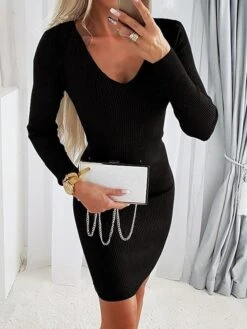 Women's Sweater Dress Jumper Dress Casual Dress Mini Dress Fashion Pure Color Outdoor Vacation Going Out V Neck Long Sleeve 2023 Regular Fit Black Green S M L XL XXL -Tesla Style osddri1697538230532