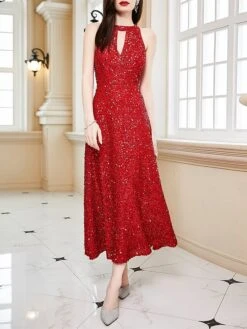 Women‘s Party Dress Sequin Dress Cocktail Dress Midi Dress Wine Sleeveless Pure Color Sparkly Glitter Sequins Summer Spring Fall Halter Neck Fashion Wedding Guest Vacation Summer Dress Slim -Tesla Style osezoy1690523430668
