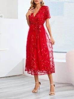 Women's Party Dress Sequin Dress Cocktail Dress Midi Dress White Champagne Red Short Sleeve Pure Color Lace Up Summer Spring V Neck Fashion Wedding Guest Vacation Summer Dress 2023 S M L XL 2XL -Tesla Style osmhcu1679035604497
