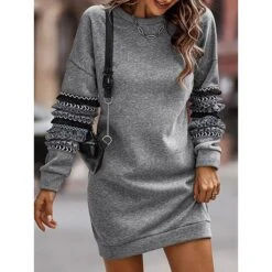 Women's Casual Dress Sweatshirt Dress Winter Dress Mini Dress Ruched Patchwork Street Daily Holiday Fashion Streetwear Crew Neck Long Sleeve 2023 Loose Fit Grey Color S M L XL Size -Tesla Style osmorm1692162752117