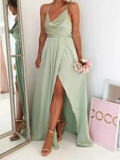 Women's Prom Dress Party Dress Satin Dress Long Dress Maxi Dress Light Green Wine Sleeveless Pure Color Split Summer Spring Fall Spaghetti Strap Fashion Party Birthday Evening Party 2023 S M L XL -Tesla Style osqeln1642676377586
