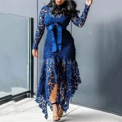 Women‘s Semi Formal Party Dress Lace Dress Long Dress Maxi Dress Green Blue Purple Wine White Black Long Sleeve Pure Color Stand Collar Sexy Fall Dress S M L XL XXL 3XL 4XL 5XL / Winter Dress -Tesla Style osxebw1631936156584