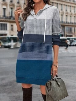 Women's Casual Dress Hoodie Dress Winter Dress Stripe Button Print Hooded Mini Dress Fashion Streetwear Outdoor Daily Long Sleeve Regular Fit Wine Blue Khaki Fall Winter S M L XL XXL